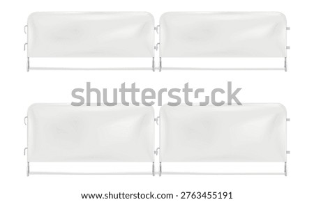 Blank white barricade advertising graphic cover on metal frame with hooks. Realistic 3d vector mock-up. Interlocking crowd control barrier with banner. Easy editable mockup. Template for design