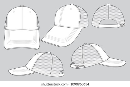 Blank White Baseball Cap With Mesh At Side And Back Panels, Slider Plastic Buckle Zip Closure Strap Template on Gray Background, Vector File.