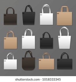 Blank white, black and brown canvas shopping bag templates. Vector handbags mockup. Eco fabric cotton template bag with handle illustration