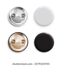 Blank White and Black buttons badges. Realistic pinback badges, pin button and pinned back. Isolated vector mockup