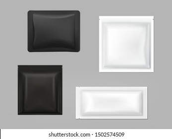 Blank white, black plastic, foil or polythene sachets for wet wipes, sauce or seasonings, shampoo samples isolated, 3d realistic vector illustration set. Food, cosmetics product packaging template