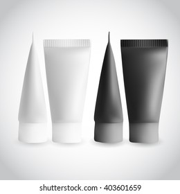 Blank white and black realistic tube for cosmetics, cream, ointment, toothpaste, lotion, medicine creme etc. isolated on white background.