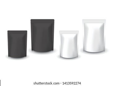 Blank white and black standing ziplock bag (2 sizes) for food or healthy product. Isolated on white background with shadow. Ready to use for package design. Vector illustration.