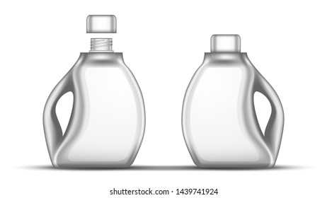 Blank White Bleach Plastic Bottle With Cap Vector. Closed And Opened Bottle For Clear Wash Whiten Chemical Liquid Laundry Clothes. Container For Bleaching Fluid Realistic 3d Illustration