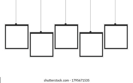 blank white board hanging on rope,hanging photo frames on white background.