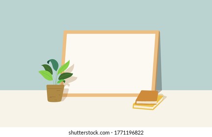 Blank white board lean on blue wall with plant and books. Concept of empty board, space, announcement, advertisement, cafe, empty picture frame, list board, home decoration. Flat vector illustration.