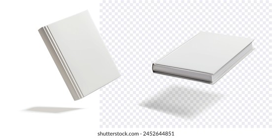 Blank White Book and Magazine Mockup Isolated on Transparent Background. Realistic mockup of a closed white book and magazine with soft shadows, perfect for design presentations and branding. Vector