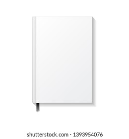 Blank white book or notebook with black ribbon bookmark top view mockup template. Isolated on white background with shadow. Ready to use for your design or business. Vector illustration.