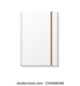 Blank white book or notebook with brown elastic top view mockup template. Isolated on white background with shadow. Ready to use for your design or business. Vector illustration.