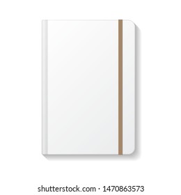 Blank white book or notebook rounded edges with brown elastic top view mockup template. Isolated on white background with shadow. Ready to use for your design or business. Vector illustration.