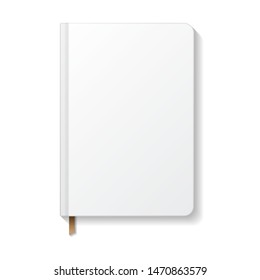 Blank white book or notebook rounded edges with brown ribbon bookmark top view mockup template. Isolated on white background with shadow. Ready to use for your design or business. Vector illustration.