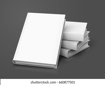 blank white books, three right tilt ones and another leaning on them, can be used as design element, isolated dark gray background, 3d illustration 