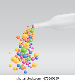 Blank white bottle for advertising with colourful bubbles, vector illustration