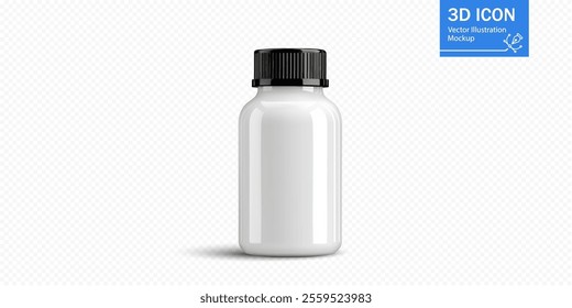 A blank white bottle with a black lid is displayed against a neutral textured background, ideal for showcasing designs or branding concepts for various products.