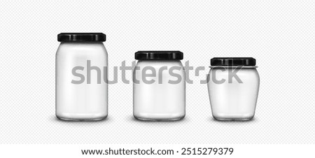 Blank white bottle of different sizes for sauce or jam canning preservation. Realistic 3d vector illustration set of food package with black lid on transparent background. Preserve container.