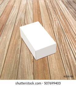 Una caja blanca en blanco se burla del fondo de madera. Ilustración vectorial.