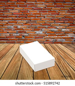 Blank white box mock up on wood background. Vector illustration.