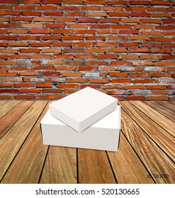 Blank white box mock up on wood background. Vector illustration.