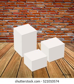 Blank white box mock up on wood background. Vector illustration.