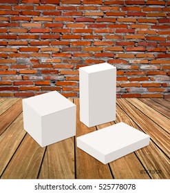 Blank white box mock up on wood background. Vector illustration.
