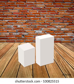 Blank white box mock up on wood background. Vector illustration.