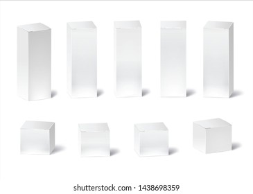 Blank white box mockup. Different positions of retail cardboard box for design or branding. Vector illustration isolated on white background.