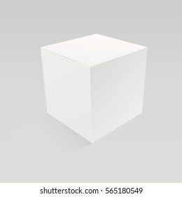 Blank white box on gray background. White cube with shadow. Closed white box. Mockup for design or branding. Vector illustration