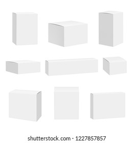 Blank white box. Packages container quadrate boxes detailed realistic vector mockup