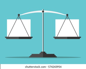Blank white boxes on scales on turquoise blue background. Balance, choice and comparison concept. Flat design. EPS 8 vector illustration, no transparency