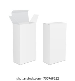 Blank white boxes with opened and closed lid. Two thin rectangular packaging mockups for your design. Vector illustration