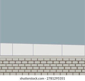 A blank white brick wall and interior concrete floor create an empty architectural space with a blue sky background, perfect for a design poster or art frame pattern
