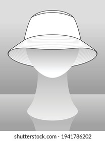 Blank White Bucket Hat At Mannequin Head Template, Vector File