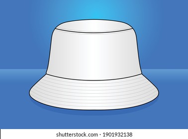 Blank White Bucket Hat Template On Blue Background, Vector File.