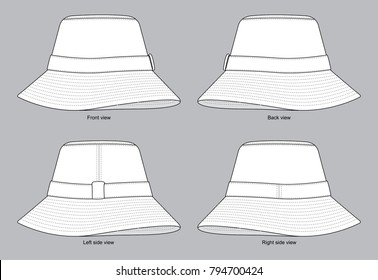 Blank White Bucket Hat Template on Gray Background. Front, Back and Side Views, Vector File.