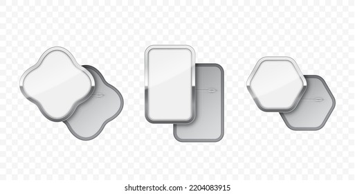 Blank white button badge set mockup, isolated clipping path. Empty white pin emblem mock up. Metal labels of different shapes for print design. 3d vector illustration