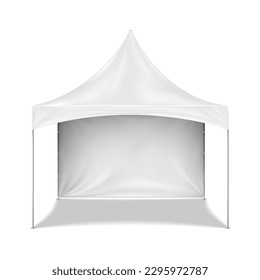 Blank white canopy tent with back wall realistic vector mock-up. Camping gazebo mockup. Outdoor summer event portable instant shelter template