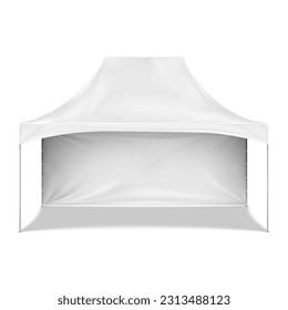 Blank white canopy tent with back wall realistic vector mockup. Camping gazebo mock-up. Outdoor summer event portable instant shelter template