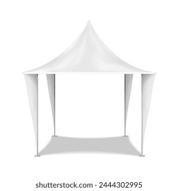 Blank white canopy tent with flag leg banners vector mockup. Trade show camping gazebo mock-up. Outdoor summer tradeshow booth template