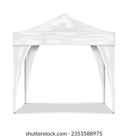 Blank white canopy tent with leg covers realistic vector mockup. Camping gazebo with aluminum metal frame mock-up. Outdoor summer event portable booth template