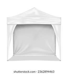 Blank white canopy tent with leg covers and back wall realistic vector mockup. Camping gazebo with metal frame mock-up. Outdoor summer event portable booth template