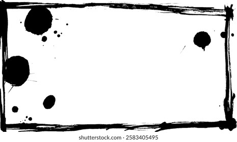 A blank white canvas framed with a rough black ink border, featuring various black ink splatters and spots scattered around the edges.
