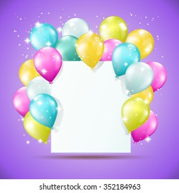 blank white card with balloons and sparkles on violet background