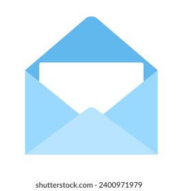 Tarjeta blanca en blanco con plantilla de sobre azul. Concepto de envío de tarjetas de felicitación o de invitación. Ilustración de vectores aislada en fondo blanco