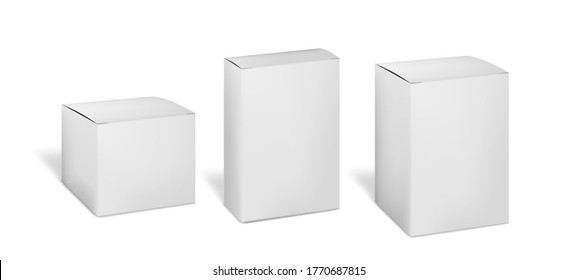 Cajas de embalaje de cartón blanco en blanco, paro vectorial. Juego de cajas de papel, maqueta realista para el diseño