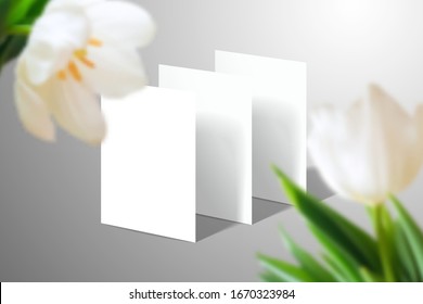 Blank white cards standing in half a turn on the surface and large tulip flowers in the foreground. Realistic template for spring, wedding or branding design