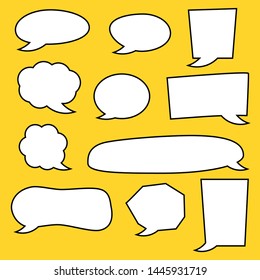 blank white cartoon speech bubbles set with different shape isolated on yellow background. vector illustration