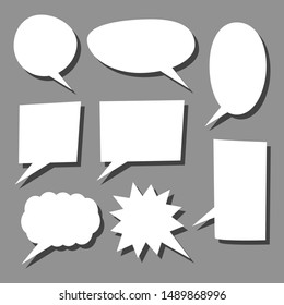 blank white cartoon speech bubbles set with different shape isolated on grey background. vector illustration 