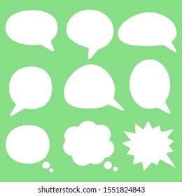 blank white cartoon speech bubbles hand drawn set isolated on green background. vector illustration