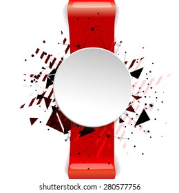 Blank white circle with a red ribbon bow on an white background and black polygonal objects. Vector illustrations