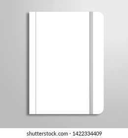 Blank white closed book or notebook with a elastic band. Top view mockup template with shadow